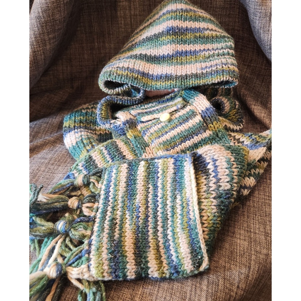 Handknit Hooded Pocket Scarf Unisex OS Blue Green Excellent Cottagecore Boho